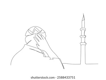 Continuous line drawing male Muslim echoes adzan. Drawing of one line of the call to prayer calling other Muslims when prayer time arrives. Handmade vector not Al