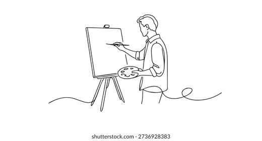 Continuous line drawing of a male painter creating artwork on a canvas using a brush and palette in a calm studio scene. One line drawing for artist activity, creative process, painting concept, and visual art illustration.