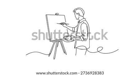 Continuous line drawing of a male painter creating artwork on a canvas using a brush and palette in a calm studio scene. One line drawing for artist activity, creative process, painting concept, and visual art illustration.