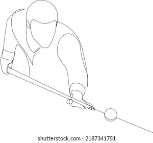 Continuous line drawing of male playing billiard. Male billiard player vector illustration isolated on white background.