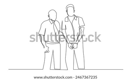 continuous line drawing of male prisoner.one line drawing of male perpetrator of crime.criminal being taken by security officer vector single line concept