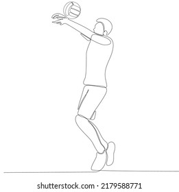 
Continuous line drawing of male professional volleyball player isolated with ball. Athlete, sport, action, exercise, healthy lifestyle, training, fitness concept.