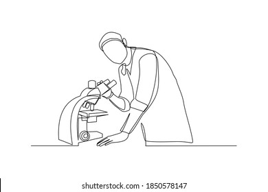 Continuous line drawing of male scientist analyze using microscope in laboratory. One line concept of science work space. Vector illustration