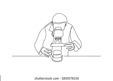 Continuous line drawing of male scientist analyze using microscope in laboratory. One line concept of science work space. Vector illustration
