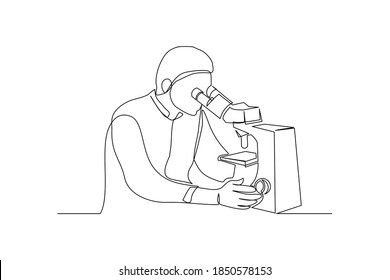 Continuous line drawing of male scientist analyze using microscope in laboratory. One line concept of science work space. Vector illustration