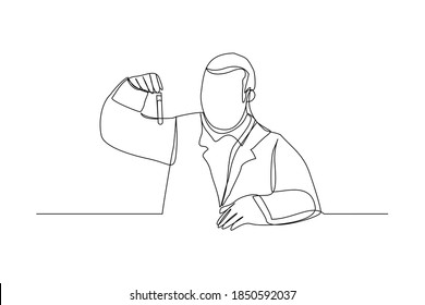 Continuous line drawing of male scientist analyze formula on laboratory tube. One line concept of medical science. vector illustration