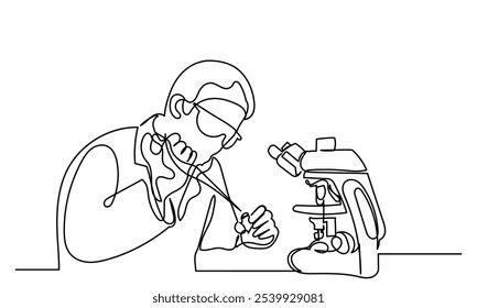 Dibujo de línea continuo del científico masculino que usa el microscopio. Laboratorio de investigación de desarrollo médico. Un investigador joven que trabaja en el laboratorio, con la investigación del tubo de ensayo.