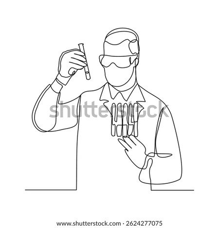 Continuous line drawing of male scientist analyze formula on laboratory tube. One line concept of medical science. vector illustration