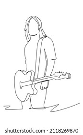 Continuous line drawing of a male sitting guitarist rocker play his electric guitar. Dynamic musician artist performance concept single line graphic draw design vector illustration