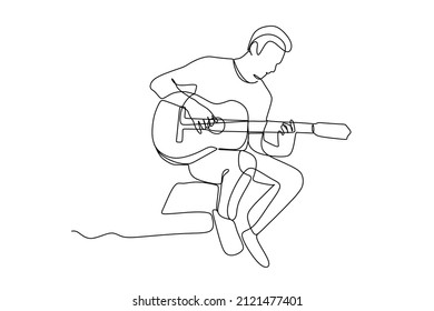 continuous line drawing of  a male sitting guitarist playing guitar. Dynamic musician artist performance concept single line graphic draw design vector illustration