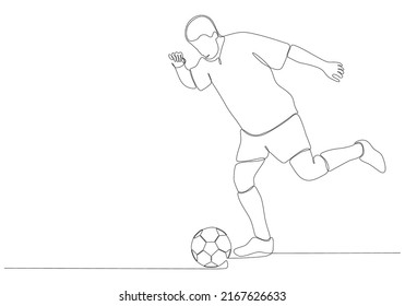 
Continuous line drawing of male soccer player kicking the ball. Single line art of young female soccer player dribbling and juggling the ball. Vector illustration