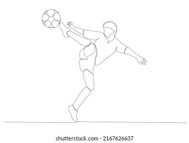 
Continuous line drawing of male soccer player kicking the ball. Single line art of young female soccer player dribbling and juggling the ball. Vector illustration