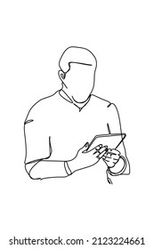 continuous line drawing of  male standing work with his tablet computer. Dynamic technology and business concept single line graphic draw design vector illustration