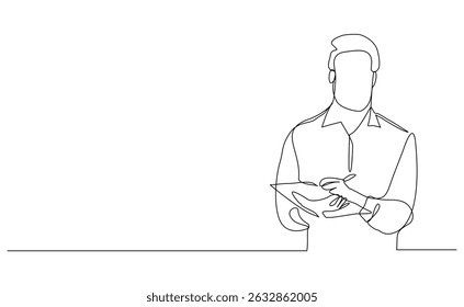 Continuous line drawing of male worker standing while write business note from mentor on paper notes. One single line sketch business man workshop concept. vector illustration editable stroke