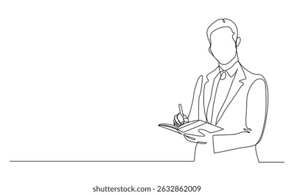 Continuous line drawing of male worker standing while write business note from mentor on paper notes. One single line sketch business man workshop concept. vector illustration editable stroke