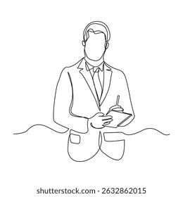 Continuous line drawing of male worker standing while write business note from mentor on paper notes. One single line sketch business man workshop concept. vector illustration editable stroke
