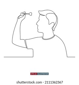 Continuous line drawing of A man aims at a target with a darts arrow. Template for your design. Vector illustration.