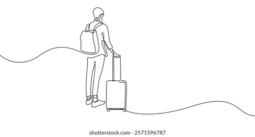 continuous line drawing of man with backpack and cabin suitcase preparing to travel.one line drawing of man at airport.one line holiday concept.single line vector illustration