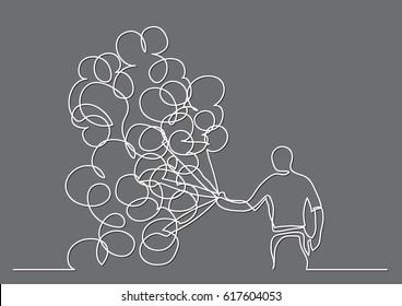 continuous line drawing of man with balloons