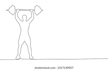 Continuous line drawing of man with barbell. Vector illustration as line art outline wallpaper for minimal poster, template, banner