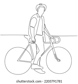 Continuous line drawing of man with bicycle