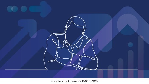 continuous line drawing of man with blank banner showing thumb up