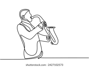Continuous line drawing Man blowing saxophone instrument jazz.