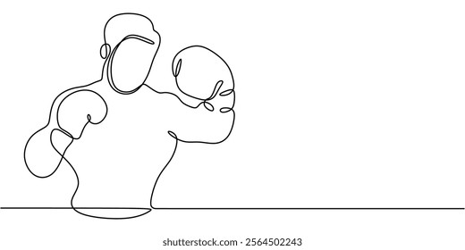 Continuous line drawing of a man boxing, showcasing power and athleticism. Minimalist design for a healthy and active lifestyle. Vector illustration hand drawn.