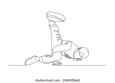 Continuous line drawing of man breakdancer doing handstand. Single one line art concept of male hip hop dance. Vector illustration