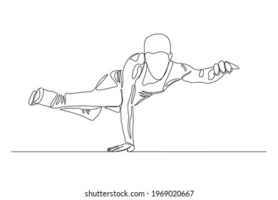 Continuous line drawing of man breakdancer doing handstand. Single one line art concept of male hip hop dance. Vector illustration