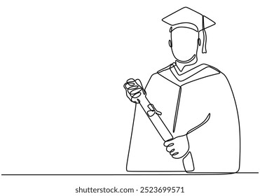 Continuous line drawing of a man in a cap and gown celebrating his graduation. Captures the essence of educational accomplishment in a streamlined design.