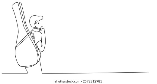 continuous line drawing of man carrying guitar bag.one line drawing of person with guitar bag.single line of music player.isolated white background