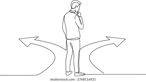 Continuous line drawing man choosing direction decision making dilemma choice path concept business life minimal vector outline illustration style modern
