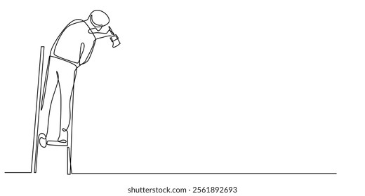 continuous line drawing of a man climbing a ladder and holding a paint brush.one line drawing of a man's hand painting a wall.single line vector illustration.isolated white background