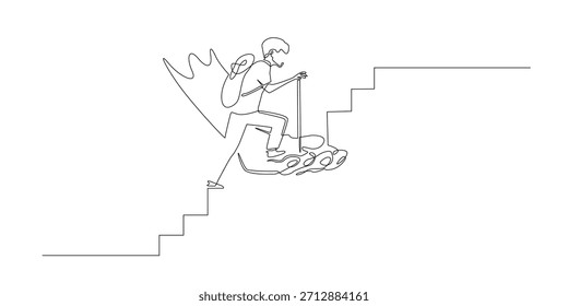 Dibujo de línea continuo de un hombre subiendo escaleras apoyado por una Grande mano de ayuda que simboliza la Asistencia de guía y el crecimiento personal. Ilustración de una sola línea adecuada para el trabajo en equipo de motivación