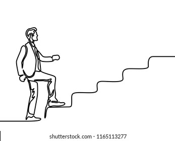 Continuous line drawing a man climbs the stairs. Vector illustration.