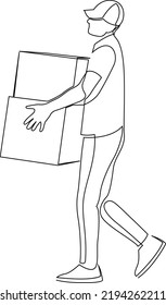Continuous line drawing of man courier with boxes in his hands wearing cap. Concept of fast delivery. Vector illustration.
