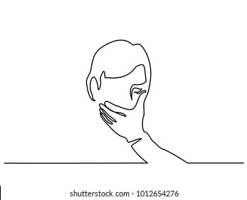 Continuous line drawing. Man covering his mouth with hand. Vector illustration