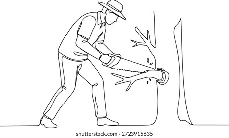 Desenho de linha contínua de um homem cortando um galho de árvore com uma serra de mão. Um jardineiro, arborista ou lenhador que efetua trabalhos florestais ou poda