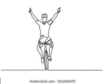 Continuous line drawing. Man cyclist winner in competition on bicycle. Drawn by hand. Icon, vector illustration, picture, tattoo