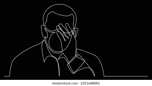 continuous line drawing of man in deep depression wearing face mask