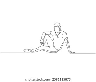 Continuous line drawing of man depression. Single line illustration of depression man sitting on the floor. Axienty, sad, depressed concept. Editable outline