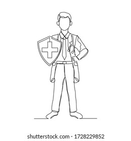 Continuous line drawing of man doctor with protective shield to protect from virus and disease. Vector illustration.