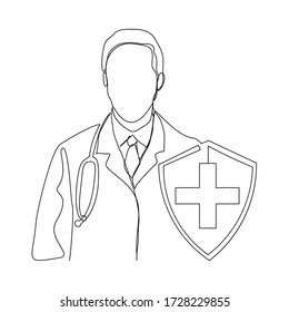 Continuous line drawing of man doctor with protective shield to protect from virus and disease. Vector illustration.