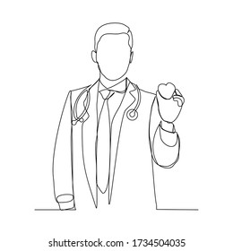 Continuous line drawing of man doctor holding heart on palm hand. Vector illustration