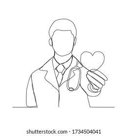 Continuous line drawing of man doctor holding heart on palm hand. Vector illustration
