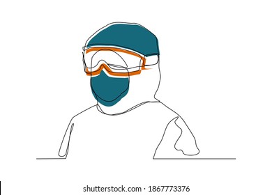 Continuous line drawing of man doctor in protective suit hazmat to protect body from virus and disease. Vector illustration
