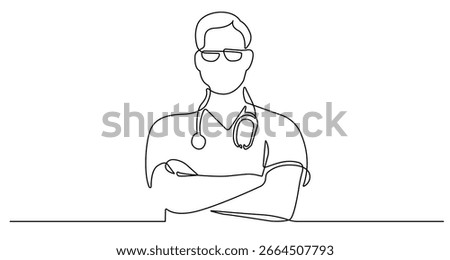 Continuous Line Drawing of Man Doctor Silhouette. Minimalist Medical Concept. Vector Hand Drawn Illustration. Good for Prints, Social Media, Slogan Design. Medicine Line Modern Graphic Style. Not AI