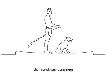 continuous line drawing of man and dog paddling on board