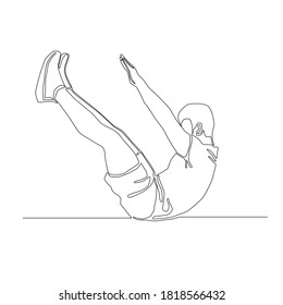 Continuous line drawing of man doing squat vector. His lower back and ass touching the ground then  putting feet and arms in the air. 